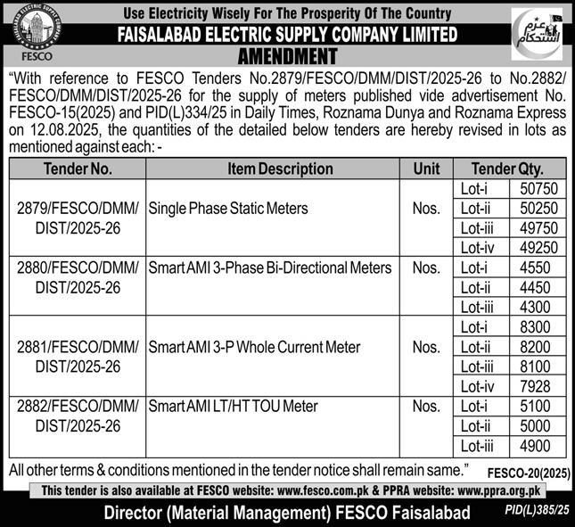 FESCO Faisalabad Tender Notice
